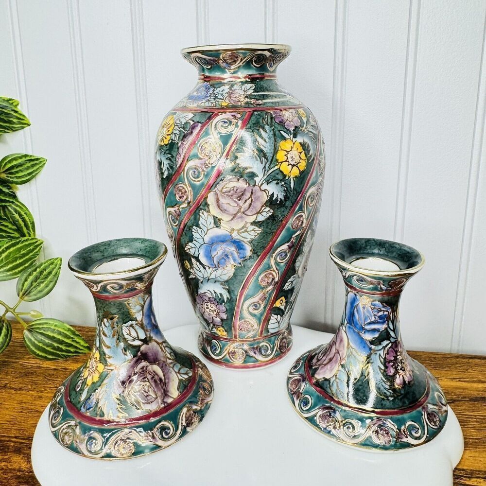 RARE Vintage FENDI Vase Candle Holder Set Moriage Floral Flower Embossed 3 Piece